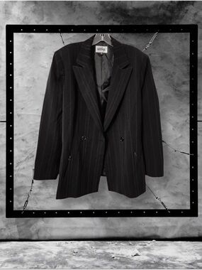 KASPER Black Blazer with Brown Pin Stripe Double Breasted Jacket Women's Size 16
